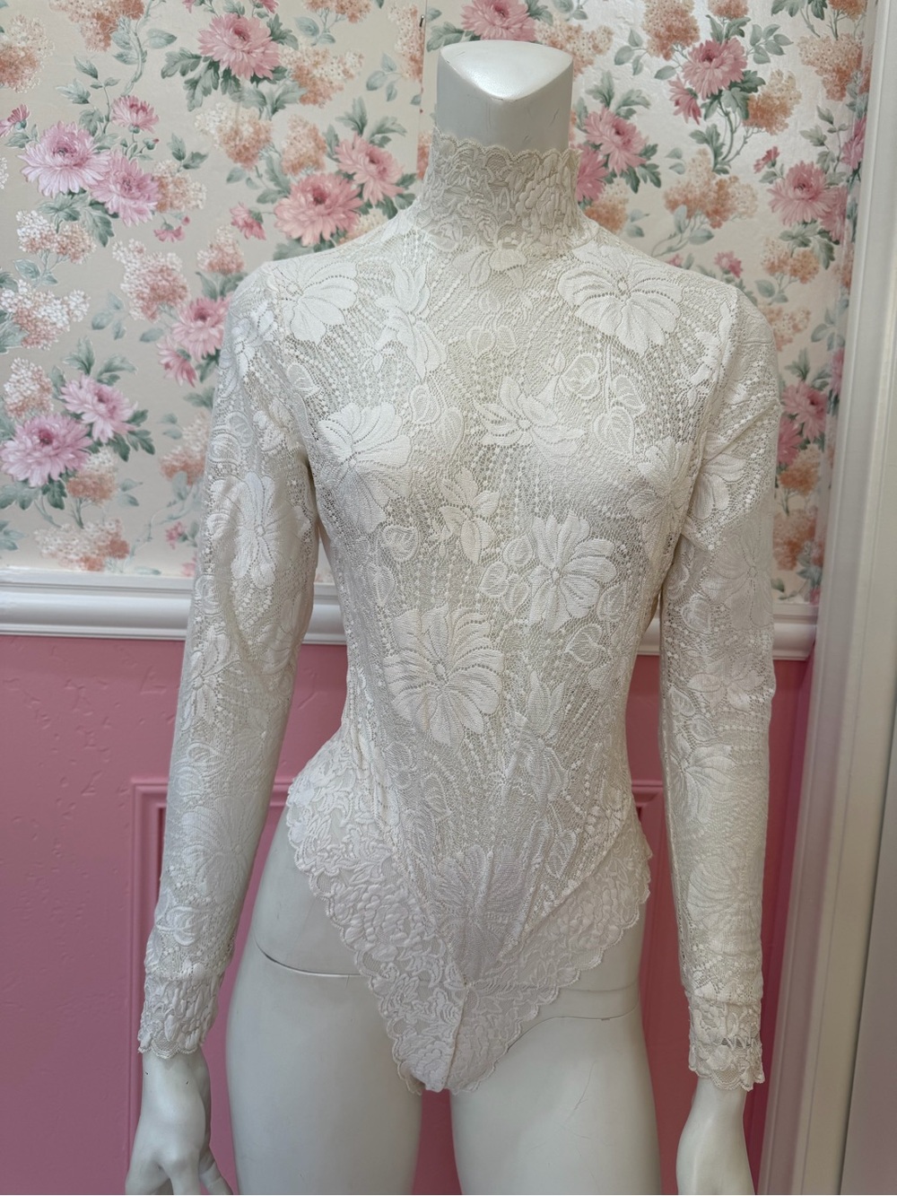 Frederick's of Hollywood Cream Floral Lace High-Neck Bodysuit